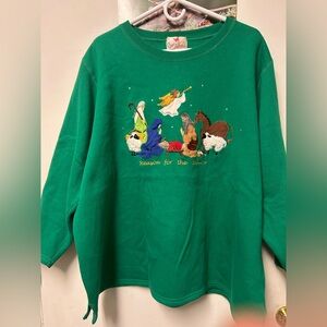 Vintage Quaker Factory Nativity Sweatshirt Women's 2xl Christmas Green